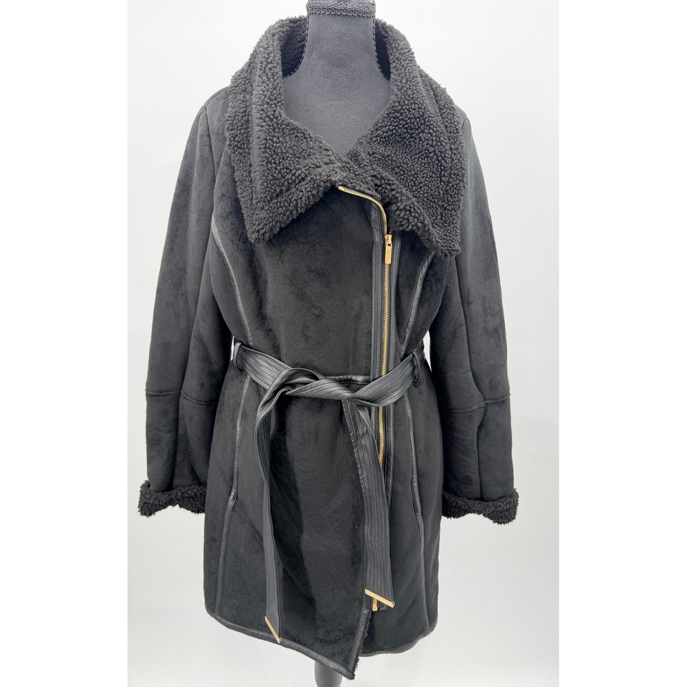 Belle Badgley Mischka Faux Suede Coat Women Large Black Good Belted Shearling